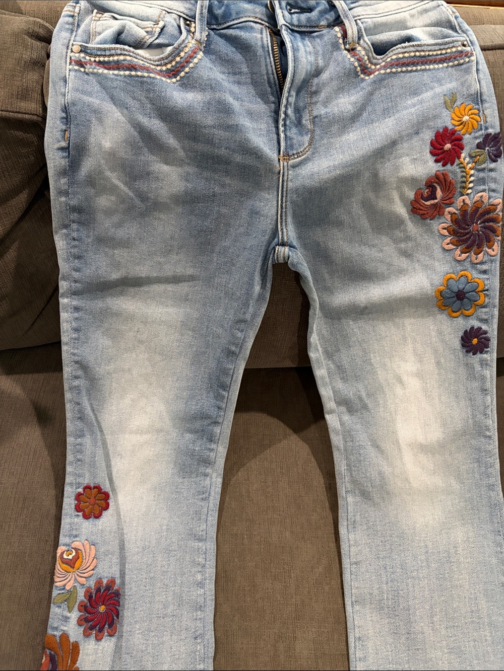 DRIFTWOOD Light Blue Straight Leg Jeans with Multicolor Floral Embroidery